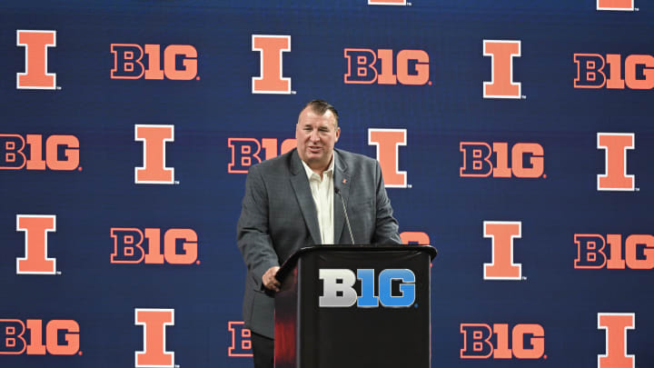 Jul 23, 2024; Indianapolis, IN, USA;  Illinois Fighting Illini head coach Bret Bielema speaks to the media.