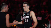 Jan 19, 2025; Miami, Florida, USA;  Miami Heat forward Duncan Robinson (55) is introduced during pregame ceremonies before the game against the San Antonio Spurs at Kaseya Center. Mandatory Credit: Jim Rassol-Imagn Images