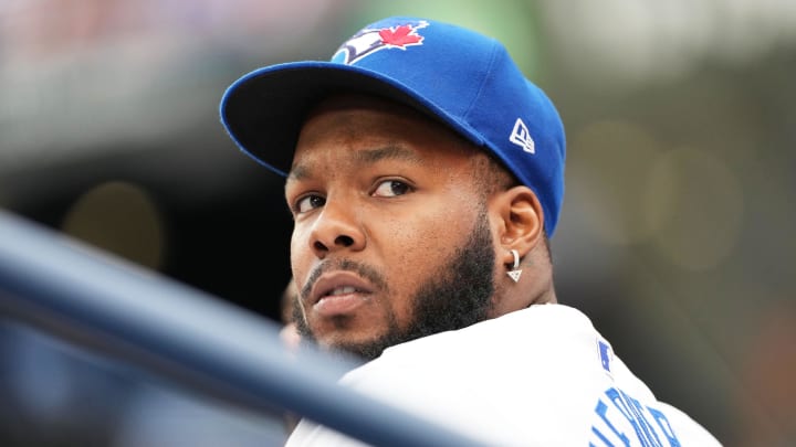 Toronto Blue Jays first baseman Vladimir Guerrero Jr. (27) looks out from the dugout prior to the start of a game against the Baltimore Orioles at Rogers Centre on Aug 6.