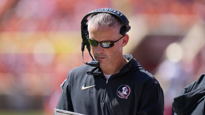Sep 23, 2023; Clemson, South Carolina, USA; Florida State Seminoles head coach Mike Norvell on the sideline in the first half against the Clemson Tigers at Memorial Stadium. Mandatory Credit: David Yeazell-USA TODAY Sports