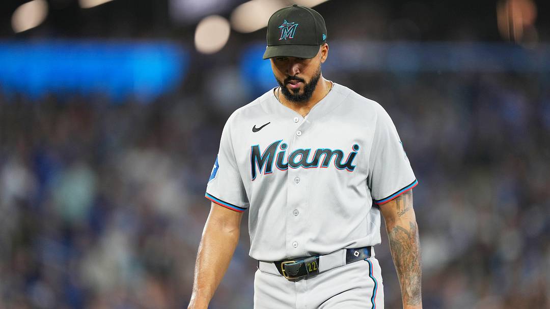 May 26, 2026; Toronto, Ontario, CAN; Miami Marlins starting pitcher Sandy Alcantara (22) walks towards the dugout against the Toronto Blue Jays during the sixth inning at the Rogers Centre. Mandatory Credit: Nick Turchiaro-Imagn Images
