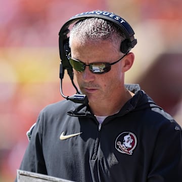 Sep 23, 2023; Clemson, South Carolina, USA; Florida State Seminoles head coach Mike Norvell on the sideline in the first half against the Clemson Tigers at Memorial Stadium. Mandatory Credit: David Yeazell-Imagn Images