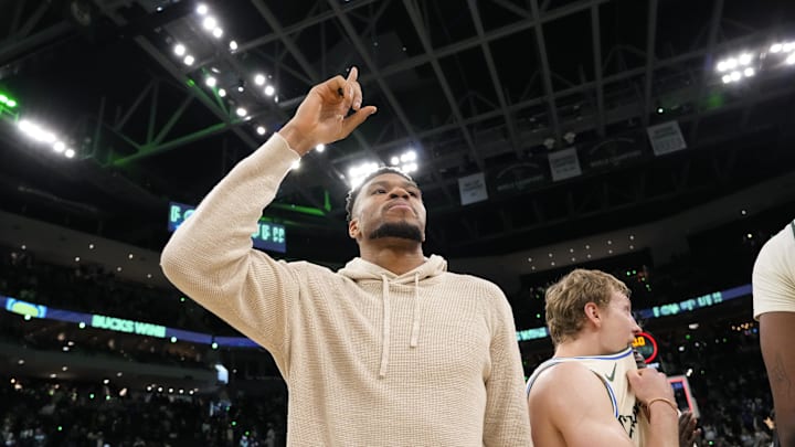 Apr 10, 2026; Milwaukee, Wisconsin, USA;  Milwaukee Bucks forward Giannis Antetokounmpo (34) gestures following the game against the Brooklyn Nets at Fiserv Forum. Mandatory Credit: Jeff Hanisch-Imagn Images