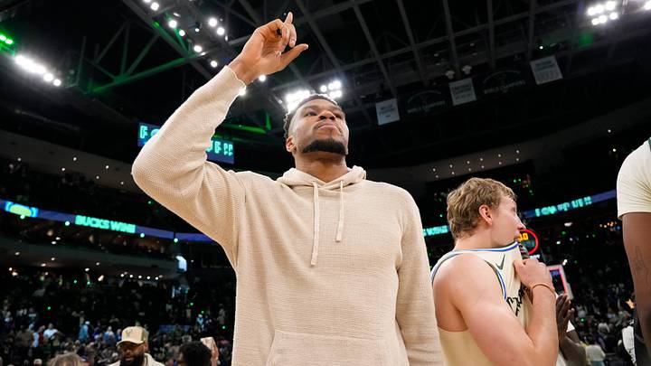 Apr 10, 2026; Milwaukee, Wisconsin, USA;  Milwaukee Bucks forward Giannis Antetokounmpo (34) gestures following the game against the Brooklyn Nets at Fiserv Forum. Mandatory Credit: Jeff Hanisch-Imagn Images
