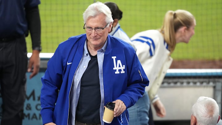 Oct 29, 2025; Los Angeles, California, USA; Los Angeles Dodgers co-owner Mark Walter looks on in the eighth inning between the Toronto Blue Jays and the Los Angeles Dodgers during game five of the 2025 MLB World Series at Dodger Stadium. Mandatory Credit: Kirby Lee-Imagn Images
