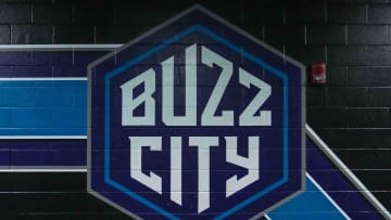 Feb 25, 2023; Charlotte, North Carolina, USA; General view of Charlotte Hornets logo at Spectrum Center. 