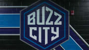 Feb 25, 2023; Charlotte, North Carolina, USA; General view of Charlotte Hornets logo at Spectrum