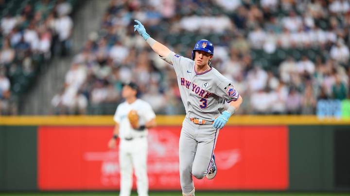 Jun 2, 2026; Seattle, Washington, USA; New York Mets right fielder Carson Benge (3) runs the bases after hitting his second home run of the game against the Seattle Mariners during the sixth inning at T-Mobile Park. Mandatory Credit: Steven Bisig-Imagn Images