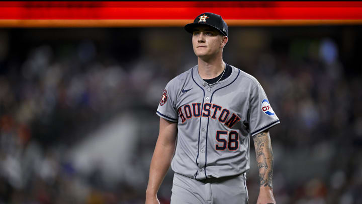 Aug 5, 2024; Arlington, Texas, USA; Houston Astros starting pitcher Hunter Brown (58) comes off the field after the Astros give up the tying run to the Texas Rangers during the fifth inning at Globe Life Field.