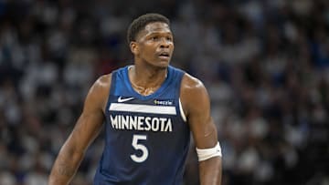 Oct 26, 2024; Minneapolis, Minnesota, USA; Minnesota Timberwolves guard Anthony Edwards (5) looks on against the Toronto Raptors in the first half at Target Center. Mandatory Credit: Jesse Johnson-Imagn Images