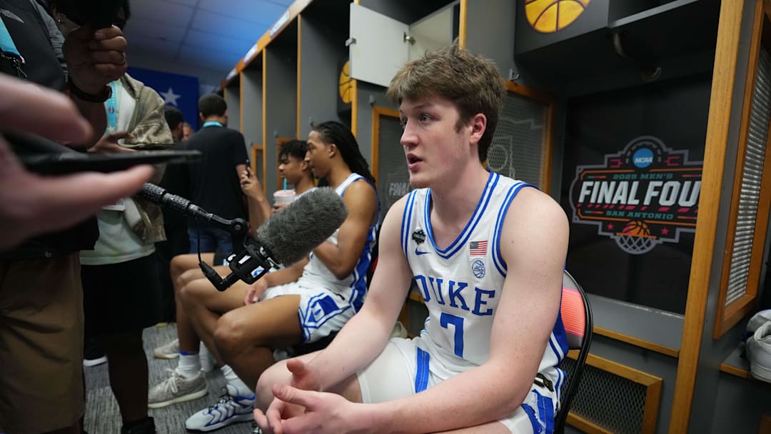 Apr 3, 2025; San Antonio, TX, USA; Duke Blue Devils guard Kon Knueppel (7) is interviewed during open locker room at Alamodome. Mandatory Credit: Bob Donnan-Imagn Images
