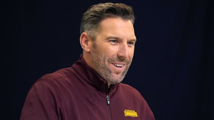 Feb 25, 2025; Indianapolis, IN, USA; Washington Commanders general manager Adam Peters speaks during the NFL Scouting Combine at the Indiana Convention Center. Mandatory Credit: Kirby Lee-Imagn Images