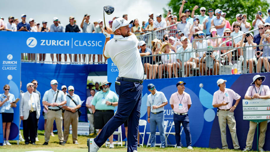 Shane Lowry tees off during the final round of the 2025 Zurich Classic of New Orleans.