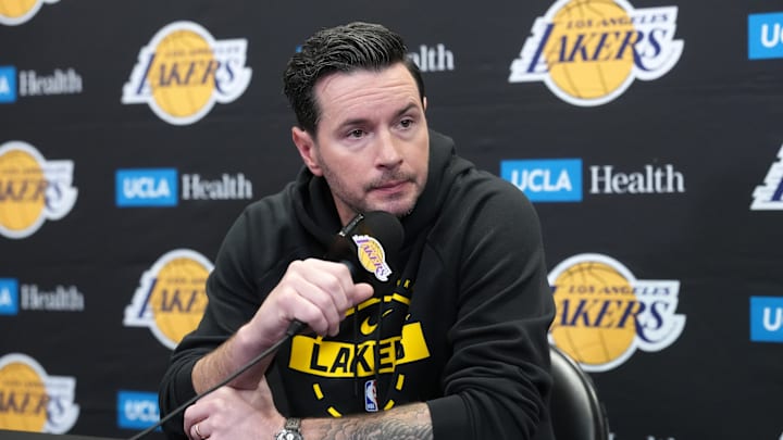 Mar 8, 2026; Los Angeles, California, USA; Los Angeles Lakers head coach JJ Redick at a press conference at the Crypto.com Arena. Mandatory Credit: Kirby Lee-Imagn Images