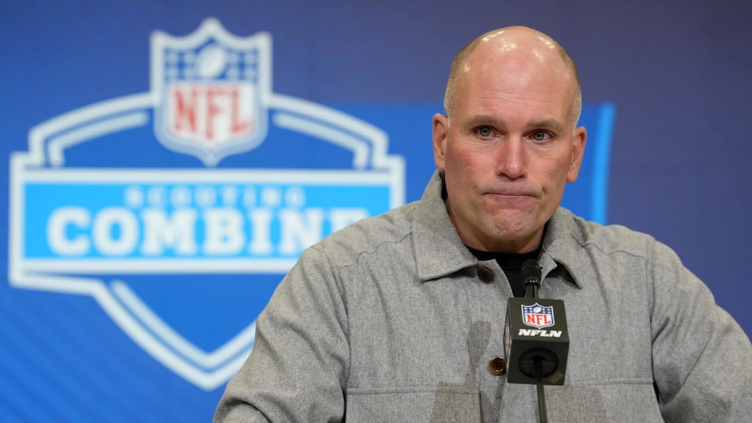 Feb 24, 2026; Indianapolis, IN, USA; Baltimore Ravens general manager Eric DeCosta speaks at the NFL Scouting Combine at the Indiana Convention Center. Mandatory Credit: Kirby Lee-Imagn Images
