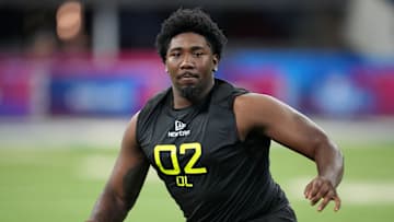 Feb 27, 2025; Indianapolis, IN, USA; Toledo defensive lineman Darius Alexander (DL02) participates in drills during the 2025 NFL Combine at Lucas Oil Stadium. Mandatory Credit: Kirby Lee-Imagn Images