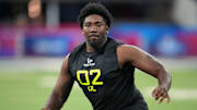 Feb 27, 2025; Indianapolis, IN, USA; Toledo defensive lineman Darius Alexander (DL02) participates in drills during the 2025 NFL Combine at Lucas Oil Stadium. Mandatory Credit: Kirby Lee-Imagn Images