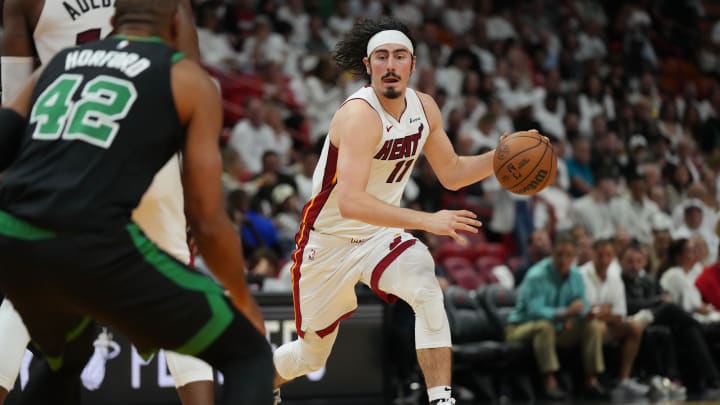 Apr 27, 2024; Miami, Florida, USA; Miami Heat guard Jaime Jaquez Jr. (11) brings the ball up the court against the Boston Celtics in the first half during game three of the first round for the 2024 NBA playoffs at Kaseya Center. Mandatory Credit: Jim Rassol-USA TODAY Sports