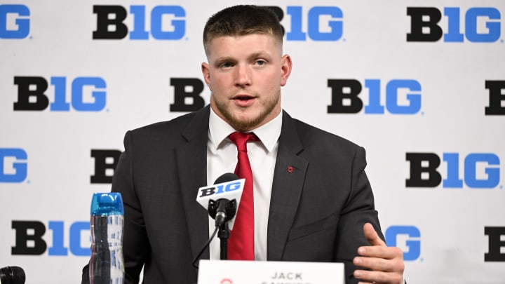 Jul 23, 2024; Indianapolis, IN, USA; Ohio State Buckeyes defensive end Jack Sawyer speaks to the media during the Big 10 football media day at Lucas Oil Stadium. Mandatory Credit: Robert Goddin-USA TODAY Sports