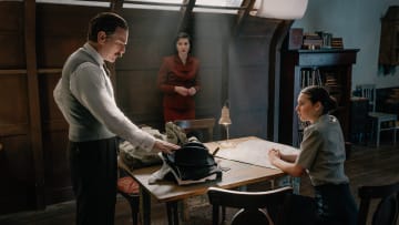 L-R Ewan McGregor as Count Rostov, Mary Elizabeth Winstead as Anna Urbanova and Beau Gadsdon as Sofia in A Gentleman in Moscow episode 8, streaming on Paramount+ 2024. Photo Credit: Ben Blackall/Paramount+ With Showtime