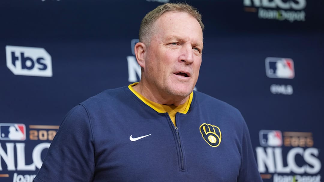 Oct 16, 2025; Los Angeles, California, USA; Milwaukee Brewers manager Pat Murphy (49) speaks in a press conference before game three against the Los Angeles Dodgers in the NLCS round for the 2025 MLB playoffs at Dodger Stadium. Mandatory Credit: Kirby Lee-Imagn Images