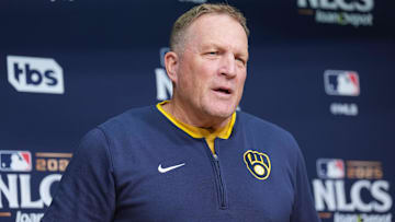 Oct 16, 2025; Los Angeles, California, USA; Milwaukee Brewers manager Pat Murphy (49) speaks in a press conference before game three against the Los Angeles Dodgers in the NLCS round for the 2025 MLB playoffs at Dodger Stadium. Mandatory Credit: Kirby Lee-Imagn Images