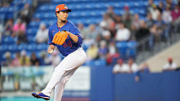 Mar 3, 2025; Port St. Lucie, Florida, USA;  New York Mets pitcher Kodai Senga (34) pitches in the first inning against the Miami Marlins at Clover Park. Mandatory Credit: Jim Rassol-Imagn Images