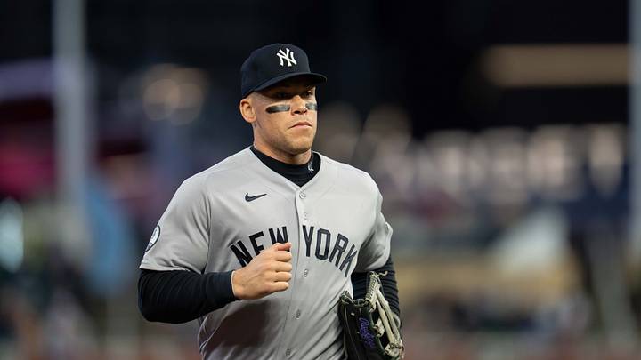 Sep 14, 2026; Minneapolis, Minnesota, USA;  New York Yankees right fielder Aaron Judge (99) runs off the field after the first inning against the Minnesota Twins at Target Field.  Mandatory Credit: Jesse Johnson-Imagn Images