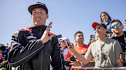Apr 16, 2023; Austin, TX, USA; Aleix Espargaro (41) of Spain and Aprilia Racing meets with MotoGP fans on Sunday, April 16, 2023 during the Hero Walk at Circuit of the Americas. Mandatory Credit: Dustin Safranek-Imagn Images