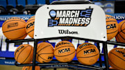 Mar 21, 2025; Los Angeles, California, USA; Basketballs sit in a rack before the start of the NCAA Tournament First Round game between Georgia Tech and Richmond at Pauley Pavilion presented by Wescom. Mandatory Credit: Robert Hanashiro-Imagn Images