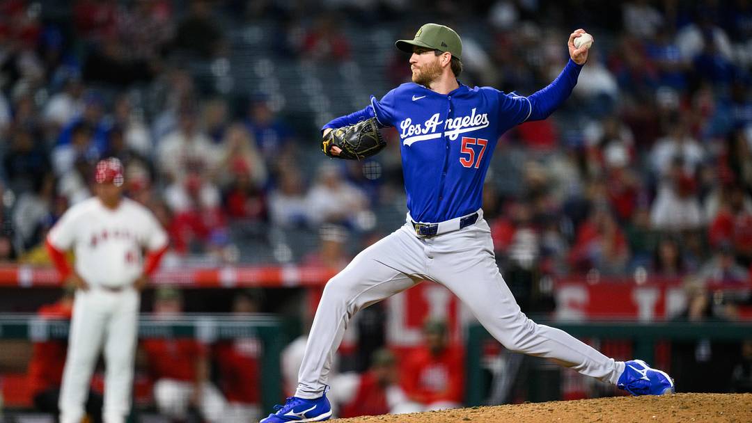 May 15, 2026; Anaheim, California, USA; Los Angeles Dodgers pitcher Charlie Barnes (57) delivers during the ninth inning against the Los Angeles Angels at Angel Stadium. Mandatory Credit: William Liang-Imagn Images