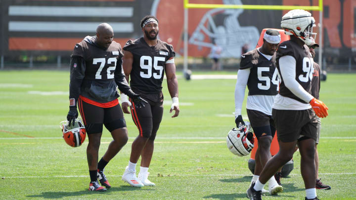 Aug 4, 2024; Cleveland Browns defensive tackle Quinton Jefferson (72) and defensive end Myles Garrett (95) during practice at the Browns training facility in Berea, Ohio. Mandatory Credit: Bob Donnan-USA TODAY Sports