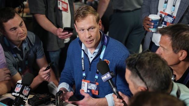 Apr 1, 2025; Palm Beach, FL, USA;  Chicago Bears head coach Ben Johnson answers questions from the media during the NFL Annua