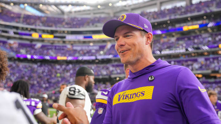 Aug 10, 2024; Minneapolis, Minnesota, USA; Minnesota Vikings head coach Kevin O'Connell after the game against the Las Vegas Raiders at U.S. Bank Stadium. Mandatory Credit: Brad Rempel-USA TODAY Sports