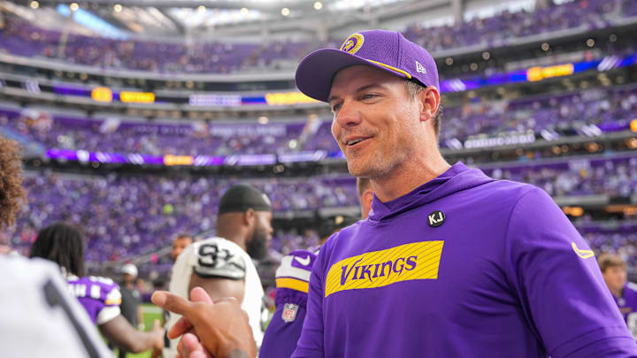 Aug 10, 2024; Minneapolis, Minnesota, USA; Minnesota Vikings head coach Kevin O'Connell after the game against the Las Vegas Raiders at U.S. Bank Stadium.