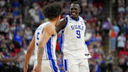  Duke Blue Devils guard Tyrese Proctor and Duke Blue Devils center Khaman Maluach reacts after a play against the Baylor Bears during the second half in the second round of the NCAA Tournament at Lenovo Center. 