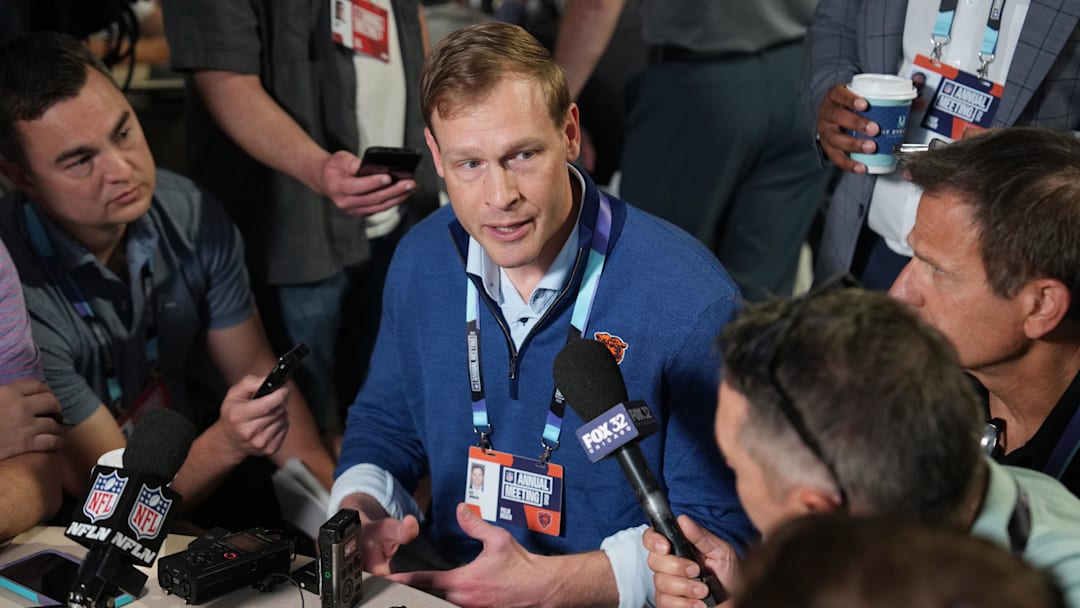 Apr 1, 2025; Palm Beach, FL, USA;  Chicago Bears head coach Ben Johnson answers questions from the media during the NFL Annual League Meeting at The Breakers. Mandatory Credit: Jim Rassol-Imagn Images