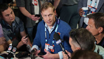 Apr 1, 2025; Palm Beach, FL, USA;  Chicago Bears head coach Ben Johnson answers questions from the media during the NFL Annual League Meeting at The Breakers. Mandatory Credit: Jim Rassol-Imagn Images