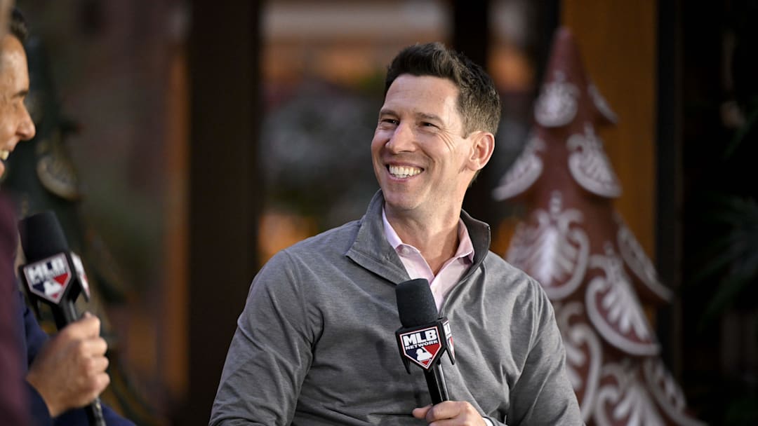 Dec 9, 2024; Dallas, TX, USA; Boston Red Sox chief baseball officer Craig Breslow speaks with the media 
at the Hilton Anatole during the 2024 MLB Winter Meetings. Mandatory Credit: Jerome Miron-Imagn Images