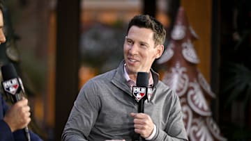 Dec 9, 2024; Dallas, TX, USA; Boston Red Sox chief baseball officer Craig Breslow speaks with the media at the Hilton Anatole during the 2024 MLB Winter Meetings.
