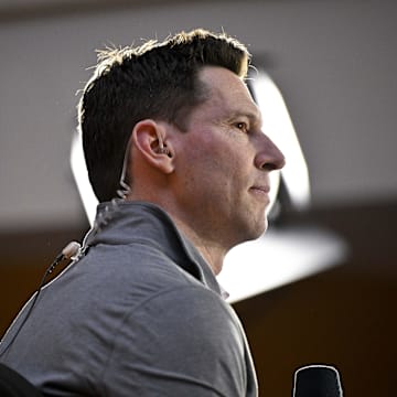 Dec 9, 2024; Dallas, TX, USA; Boston Red Sox chief baseball officer Craig Breslow speaks with the media 
at the Hilton Anatole during the 2024 MLB Winter Meetings. Mandatory Credit: Jerome Miron-Imagn Images
