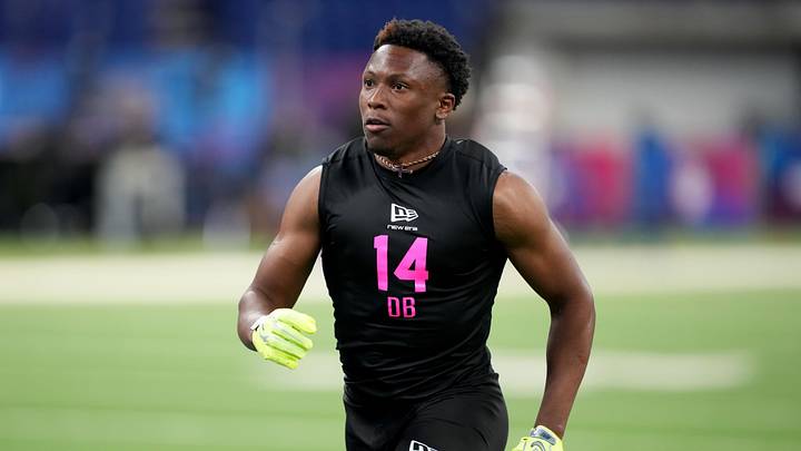 Feb 27, 2026; Indianapolis, IN, USA; Tennessee defensive back Colton Hood (DB14) during the NFL Scouting Combine at Lucas Oil Stadium. Mandatory Credit: Kirby Lee-Imagn Images