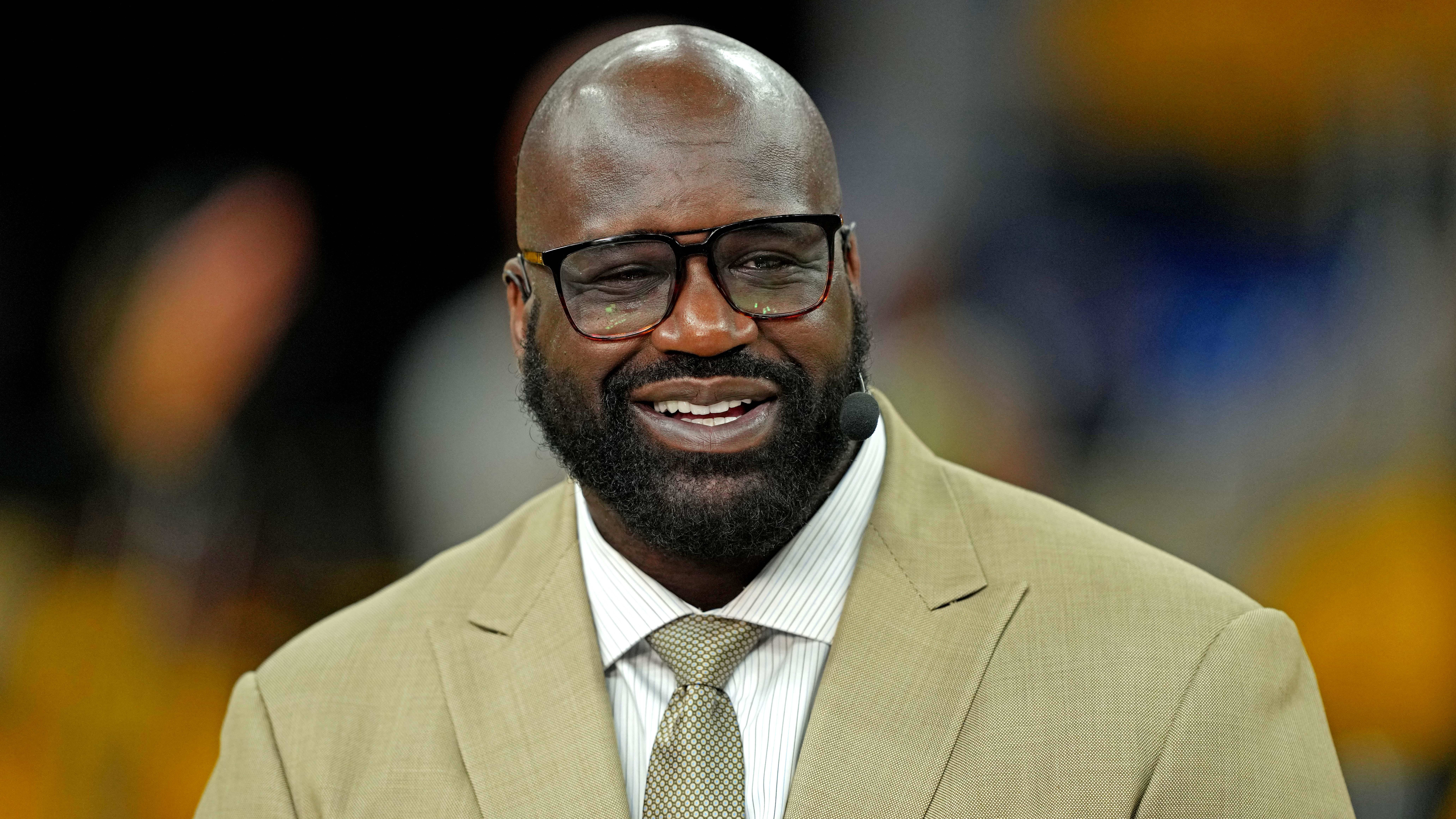 Former Lakers star Shaquille O'Neal looks on before a broadcast of Game 2 of the 2022 NBA Finals.