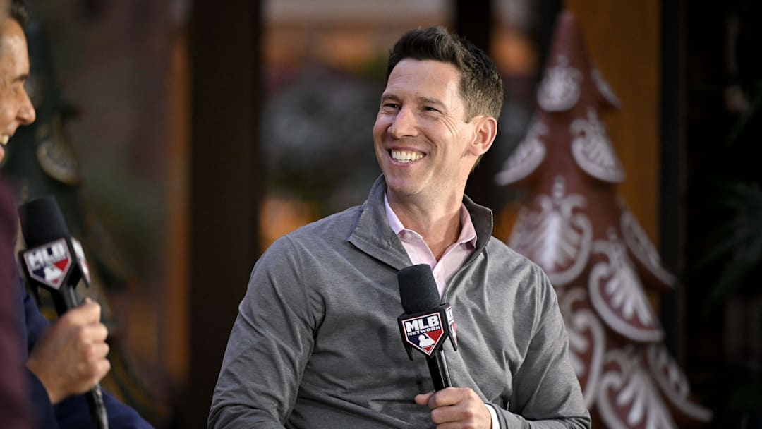 Dec 9, 2024; Dallas, TX, USA; Boston Red Sox chief baseball officer Craig Breslow speaks with the media 
at the Hilton Anatole during the 2024 MLB Winter Meetings. Mandatory Credit: Jerome Miron-Imagn Images