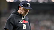 Jul 25, 2025; Arlington, Texas, USA; Texas Rangers manager Bruce Bochy (15) during the game between the Texas Rangers and the Atlanta Braves at Globe Life Field. 