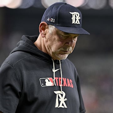 Jul 25, 2025; Arlington, Texas, USA; Texas Rangers manager Bruce Bochy (15) during the game between the Texas Rangers and the Atlanta Braves at Globe Life Field. 