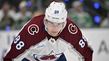 Apr 28, 2025; Dallas, Texas, USA; Colorado Avalanche center Martin Necas (88) looks on during the third period against the Dallas Stars in game five of the first round of the 2025 Stanley Cup Playoffs at American Airlines Center.