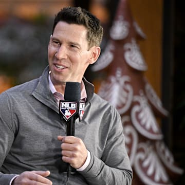 Dec 9, 2024; Dallas, TX, USA; Boston Red Sox chief baseball officer Craig Breslow speaks with the media 
at the Hilton Anatole during the 2024 MLB Winter Meetings. Mandatory Credit: Jerome Miron-Imagn Images