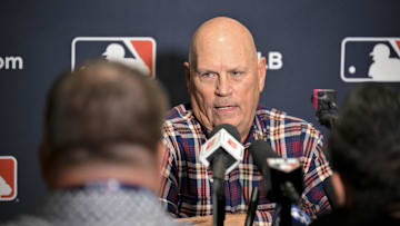 Dec 9, 2024; Dallas, TX, USA; Atlanta Braves manager Brian Snitker speaks with the media at the Hilton Anatole during the 2024 MLB Winter Meetings. Mandatory Credit: Jerome Miron-Imagn Images