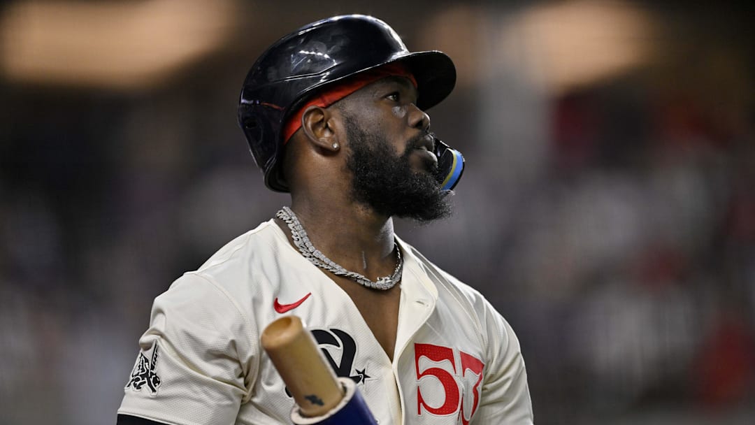 Jul 25, 2025; Arlington, Texas, USA; Texas Rangers right fielder Adolis Garcia (53) during the game between the Texas Rangers and the Atlanta Braves at Globe Life Field. Mandatory Credit: Jerome Miron-Imagn Images